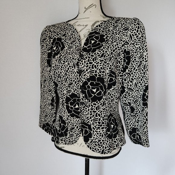 Vintage I. Magnin David Hayes 100% Silk Floral Top Button Lined Black White - Picture 1 of 9